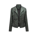 Veste en cuir noir pour femme avec fermeture éclair, col montant et détails sur les épaules. Style moderne et élégant, parfait pour l'automne.