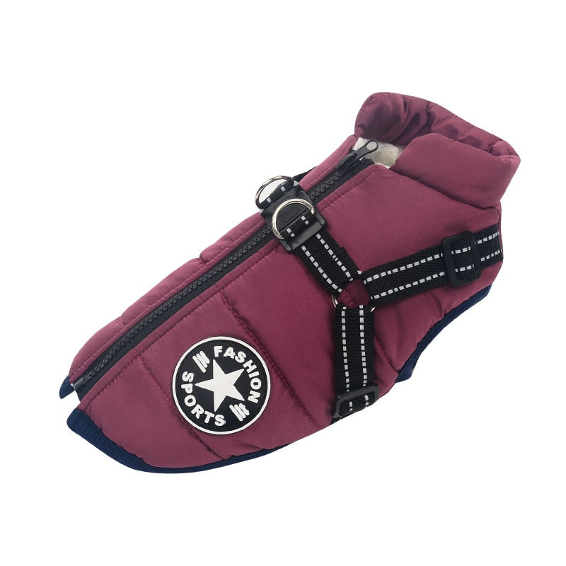 Veste pour chien rouge avec fermeture éclair, harnais intégré et logo "Fashion Sports". Accessoire mode pour animaux, confortable et tendance.