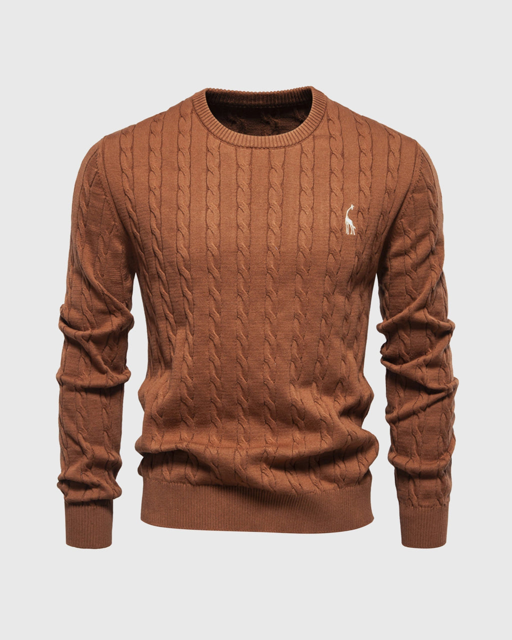 Pull en maille torsadée marron pour homme, col rond, logo brodé, style élégant et décontracté, idéal pour l'automne et l'hiver.