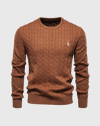 Pull en maille torsadée marron pour homme, col rond, logo brodé, style élégant et décontracté, idéal pour l'automne et l'hiver.