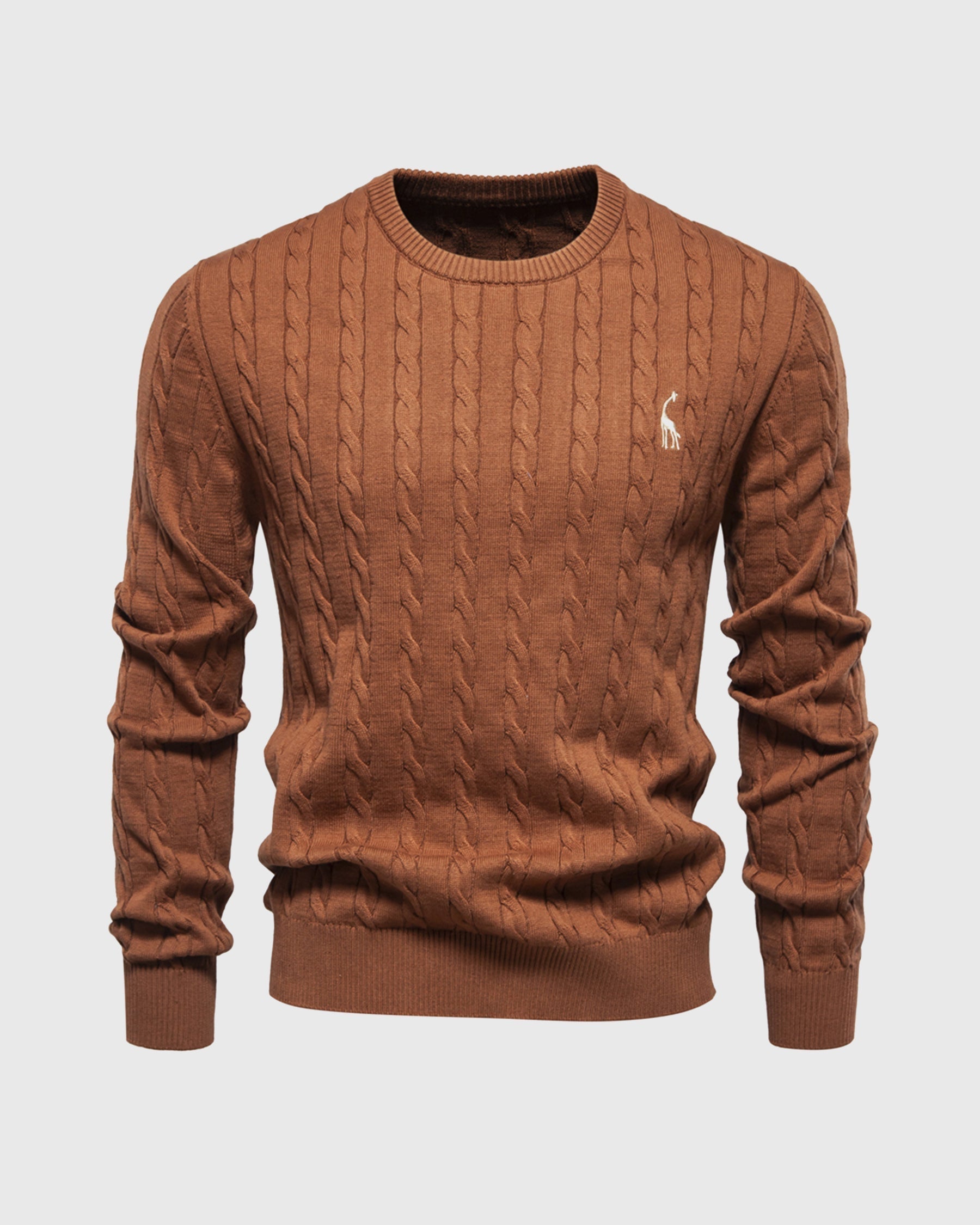 Pull en maille torsadée marron pour homme, col rond, logo brodé, style élégant et décontracté, idéal pour l'automne et l'hiver.