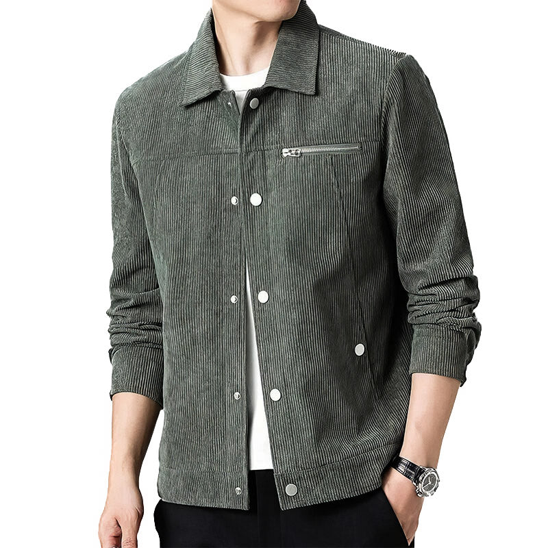 Veste en velours côtelé vert pour homme, style décontracté, avec boutons-pression et poche zippée, idéale pour la mode automne-hiver.