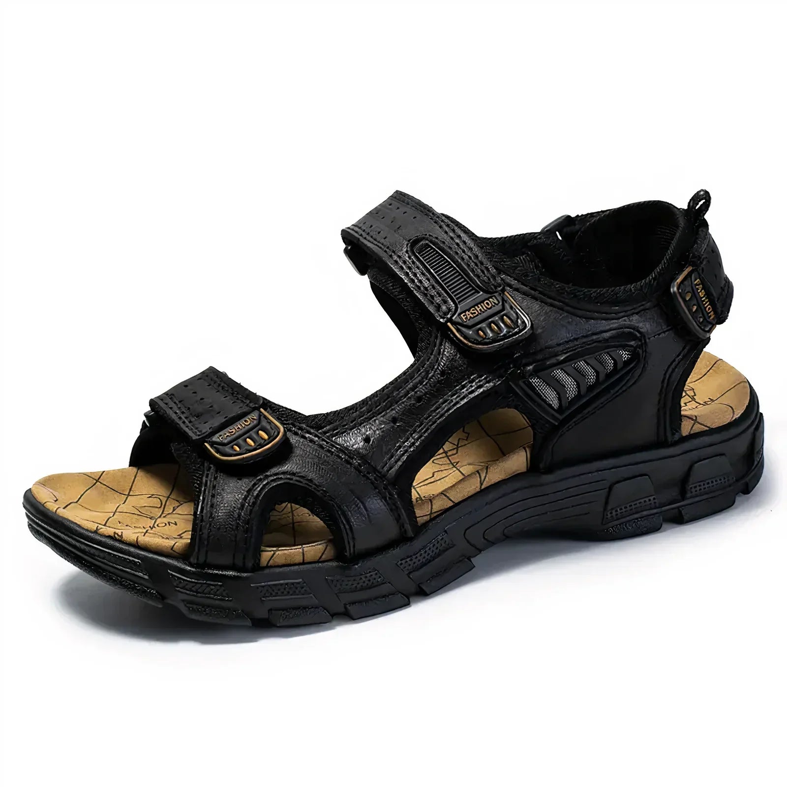 Sandale de randonnée pour homme en cuir noir, semelle antidérapante, fermeture à scratch, idéale pour activités extérieures et confort durable.