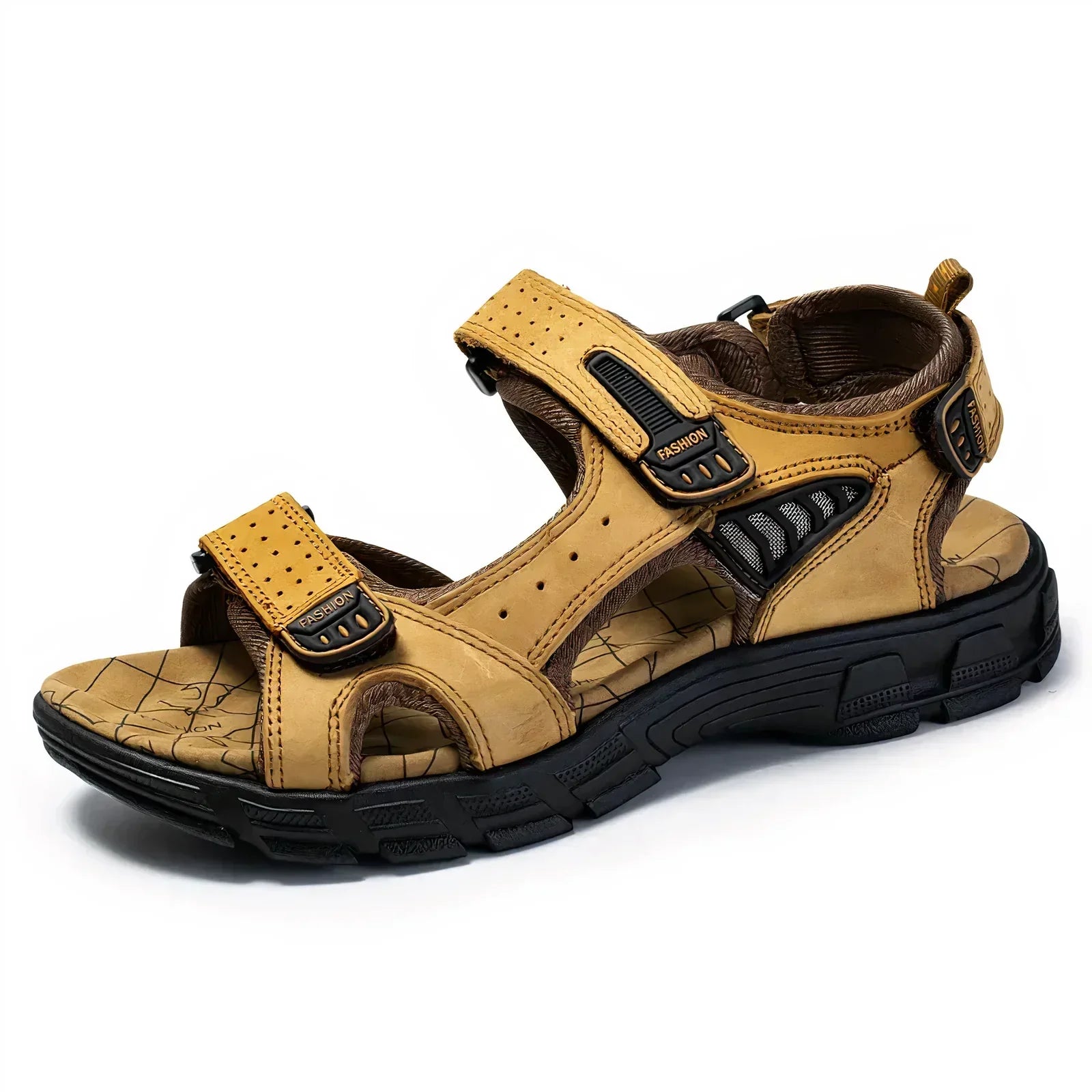 Sandale de randonnée pour homme en cuir marron avec semelle noire antidérapante, fermetures à scratch, idéale pour activités extérieures et trekking.