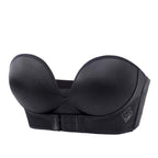 Soutien-gorge noir sans bretelles, design push-up, fermeture à agrafes, idéal pour robes décolletées. Lingerie féminine élégante et confortable.
