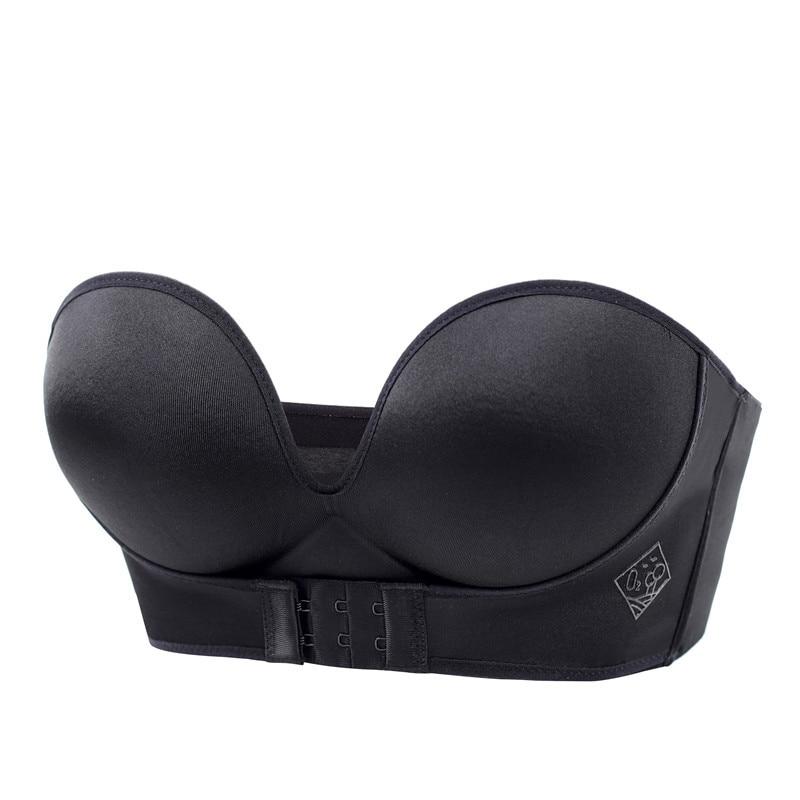 Soutien-gorge noir sans bretelles, design push-up, fermeture à agrafes, idéal pour robes décolletées. Lingerie féminine élégante et confortable.
