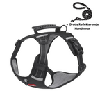 Harnais pour chien noir avec poignée, bandes réfléchissantes et laisse gratuite. Accessoire de sécurité pour promenade canine.