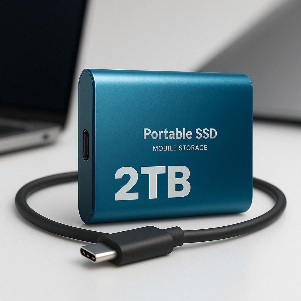 Disque SSD portable 2 To bleu avec câble USB-C, stockage mobile haute vitesse, posé sur un bureau près d'un ordinateur portable.