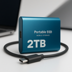 Disque SSD portable 2 To bleu avec câble USB-C, stockage mobile haute vitesse, posé sur un bureau près d'un ordinateur portable.