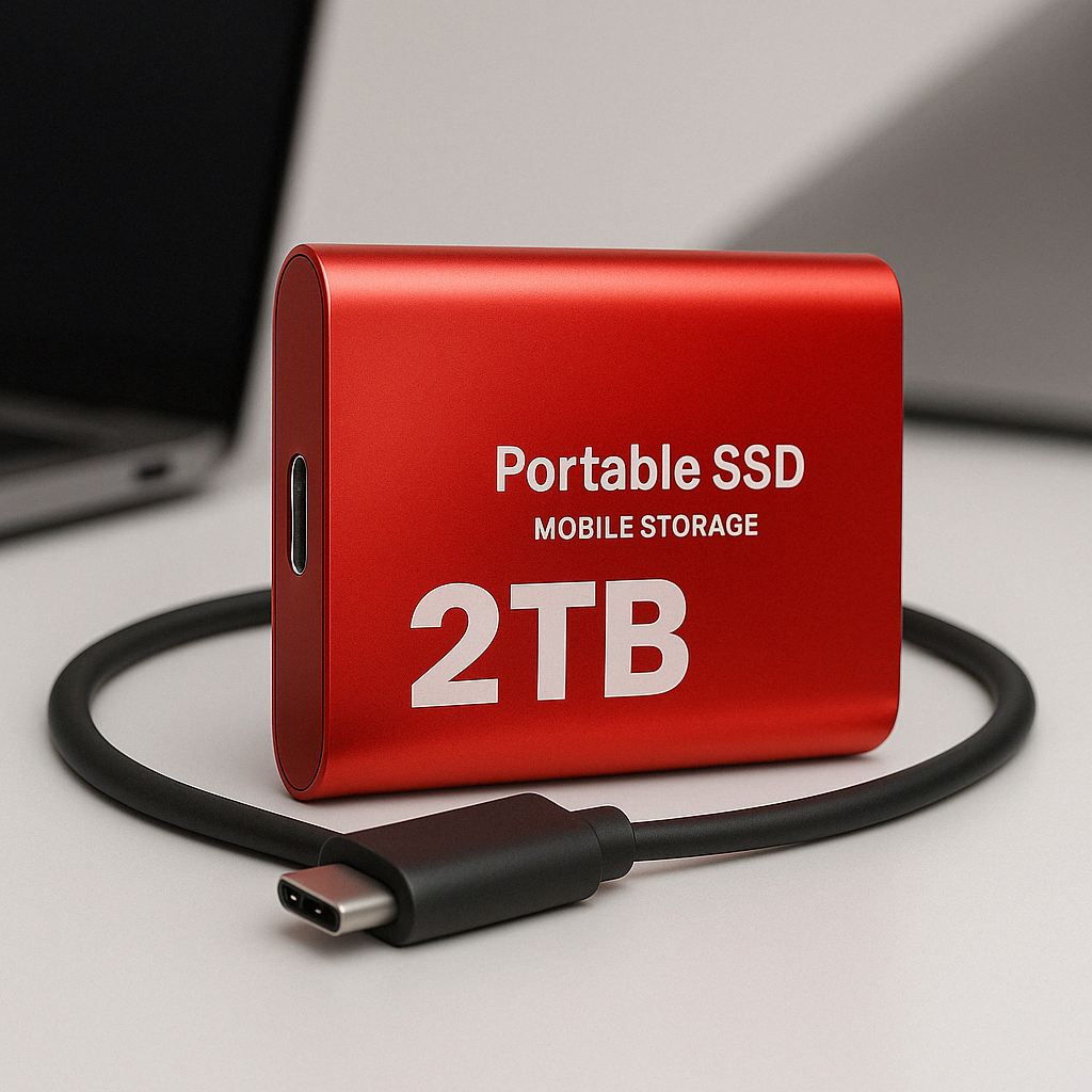 Disque SSD portable rouge 2TB avec câble USB-C, stockage mobile haute capacité, idéal pour transfert rapide de données, compatible PC et Mac.