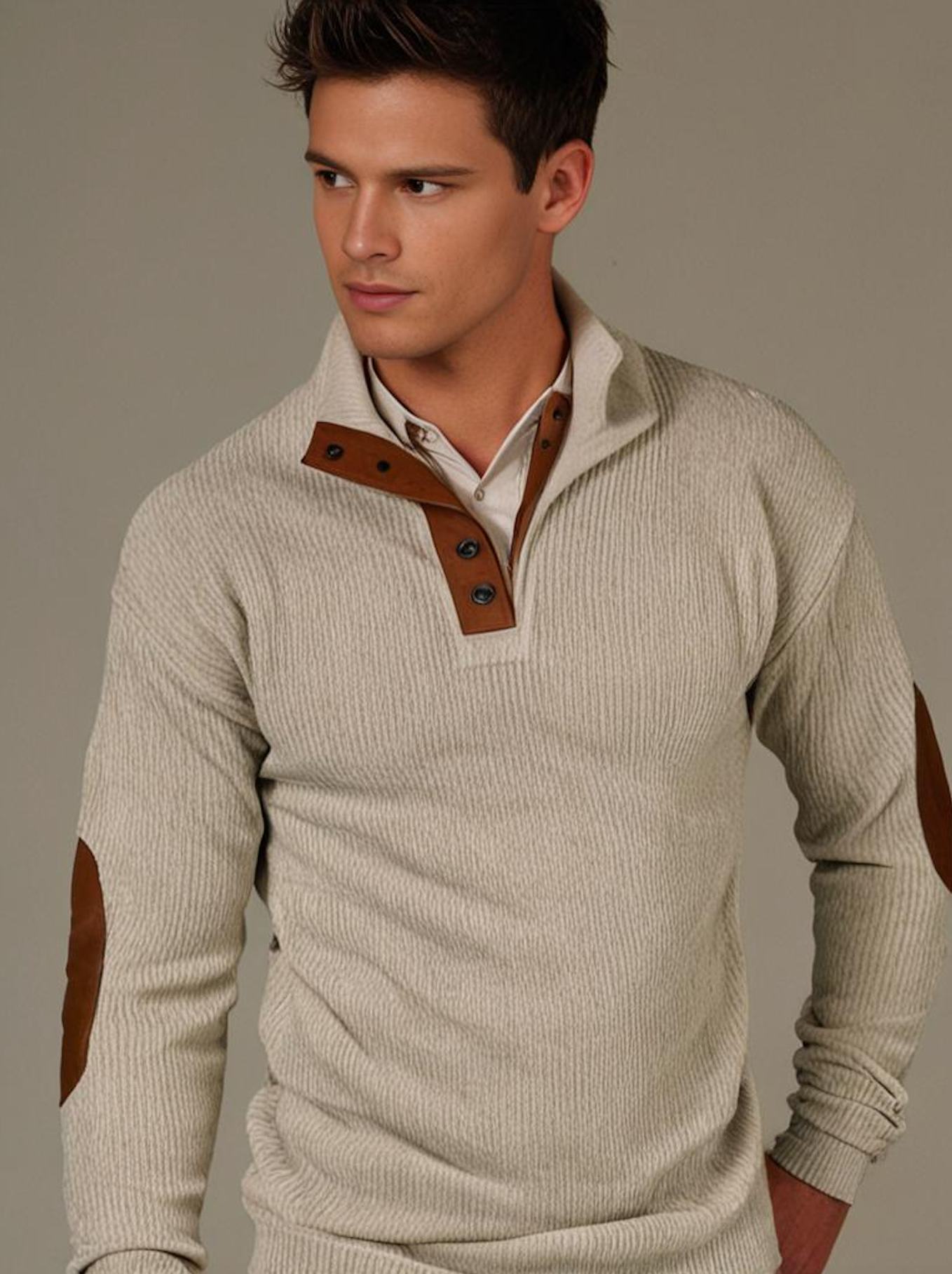 Homme portant un pull beige avec coudières en cuir marron, col boutonné, style élégant et moderne. Mode masculine automne-hiver.