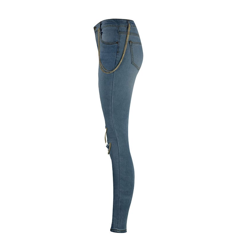 Distressed skinny jeans with chain