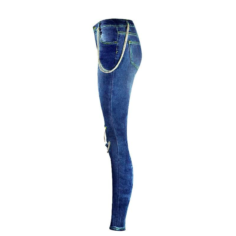 Distressed skinny jeans with chain