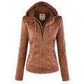 Veste en cuir marron pour femme avec capuche, fermeture éclair, poches zippées, style moderne et élégant. Mode automne-hiver tendance.