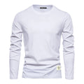 T-shirt blanc à manches longues pour homme, col rond, style décontracté, coton, idéal pour mode automne-hiver, vêtement basique polyvalent.