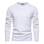 T-shirt blanc à manches longues pour homme, col rond, style décontracté, coton, idéal pour mode automne-hiver, vêtement basique polyvalent.