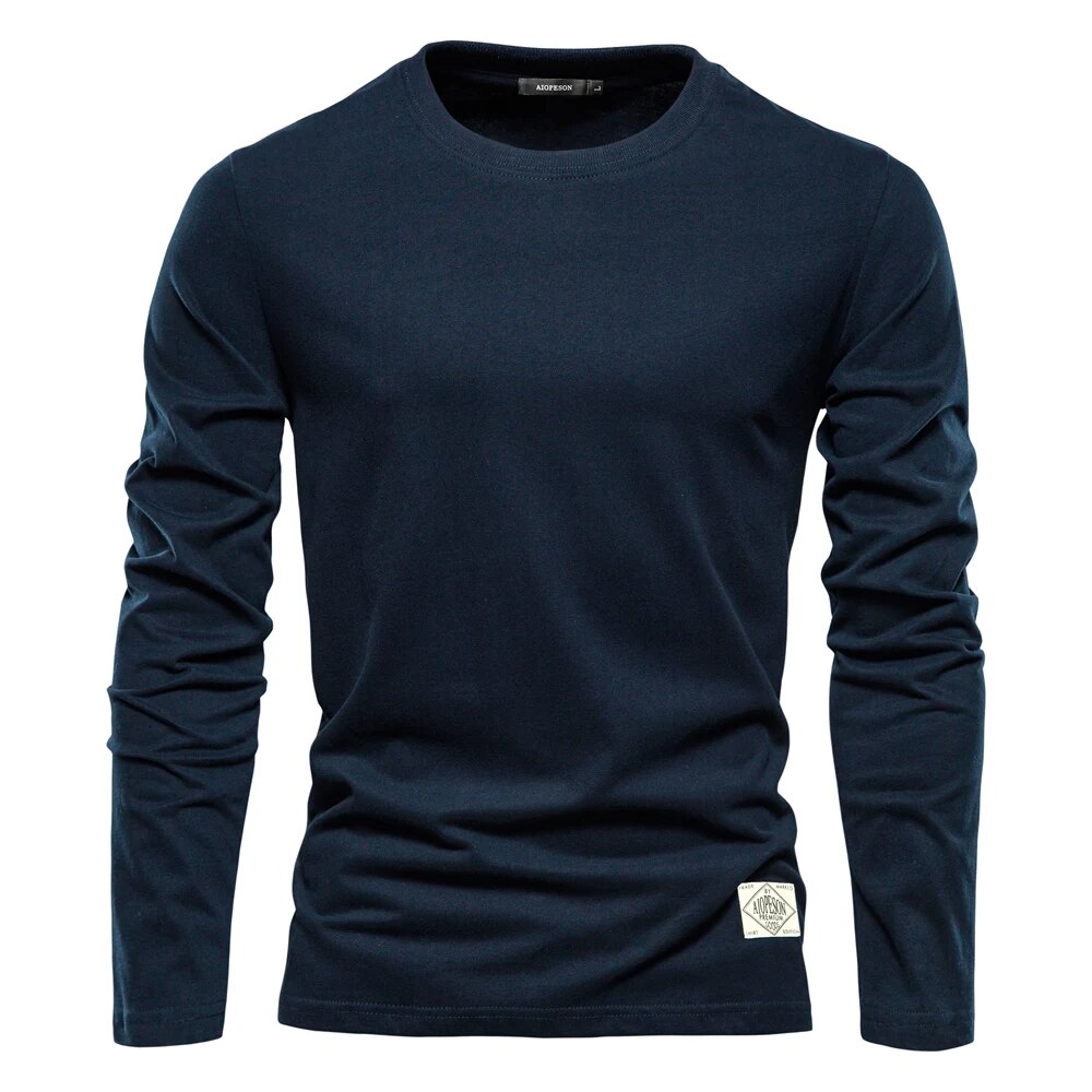 T-shirt à manches longues bleu marine pour homme, col rond, style décontracté, tissu en coton, idéal pour mode automne-hiver.