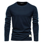 T-shirt à manches longues bleu marine pour homme, col rond, style décontracté, tissu en coton, idéal pour mode automne-hiver.