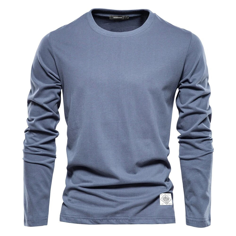 T-shirt à manches longues bleu pour homme, col rond, style décontracté, tissu en coton, idéal pour mode automne-hiver.