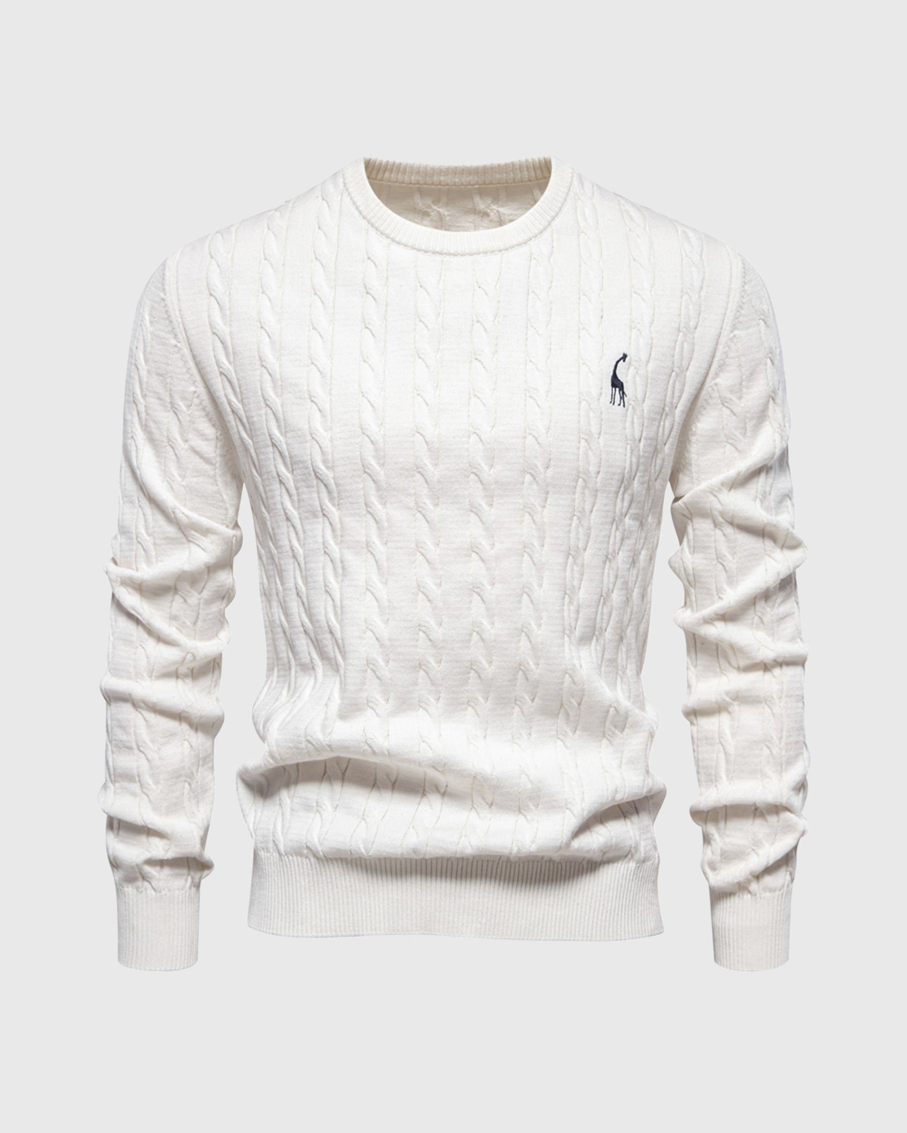 Pull en laine torsadée blanc avec logo brodé, manches longues, col rond. Style élégant et intemporel pour homme. Mode automne-hiver.