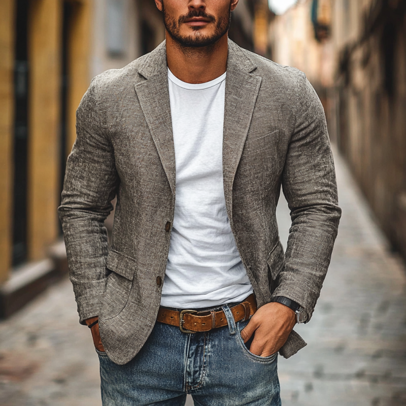 Men's Linen Slim-Fit Notch Lapel Blazer - Lightweight Cotton Linen Blazer for Autumn