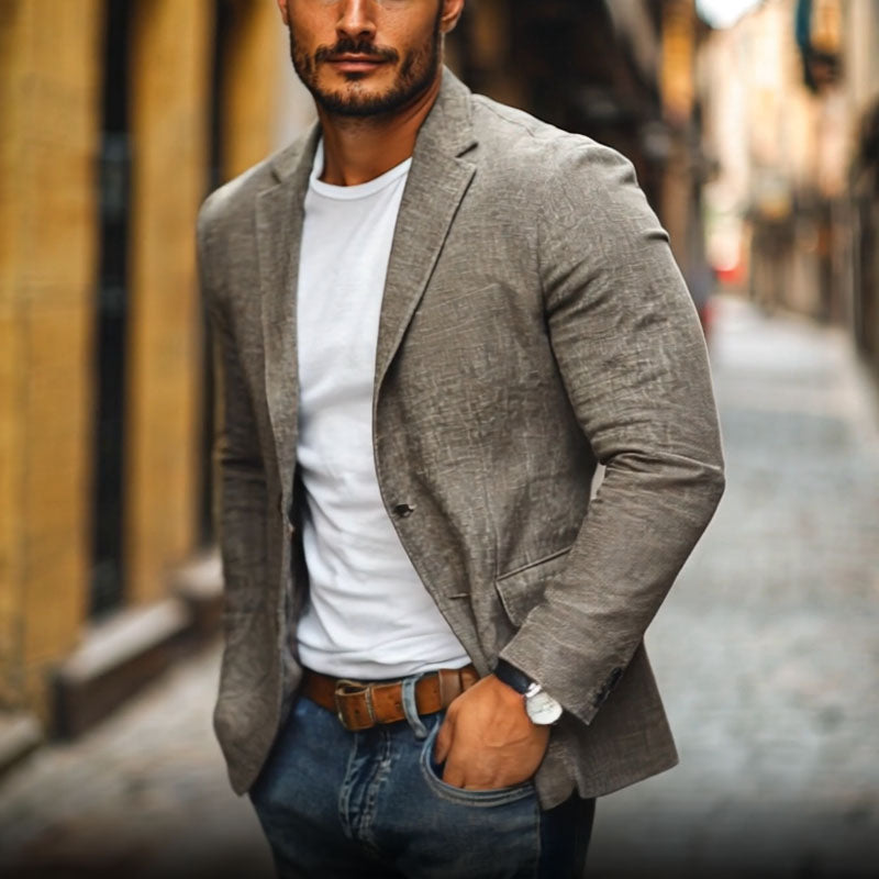 Men's Linen Slim-Fit Notch Lapel Blazer - Lightweight Cotton Linen Blazer for Autumn