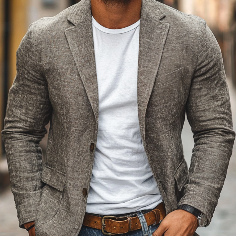 Men's Linen Slim-Fit Notch Lapel Blazer - Lightweight Cotton Linen Blazer for Autumn