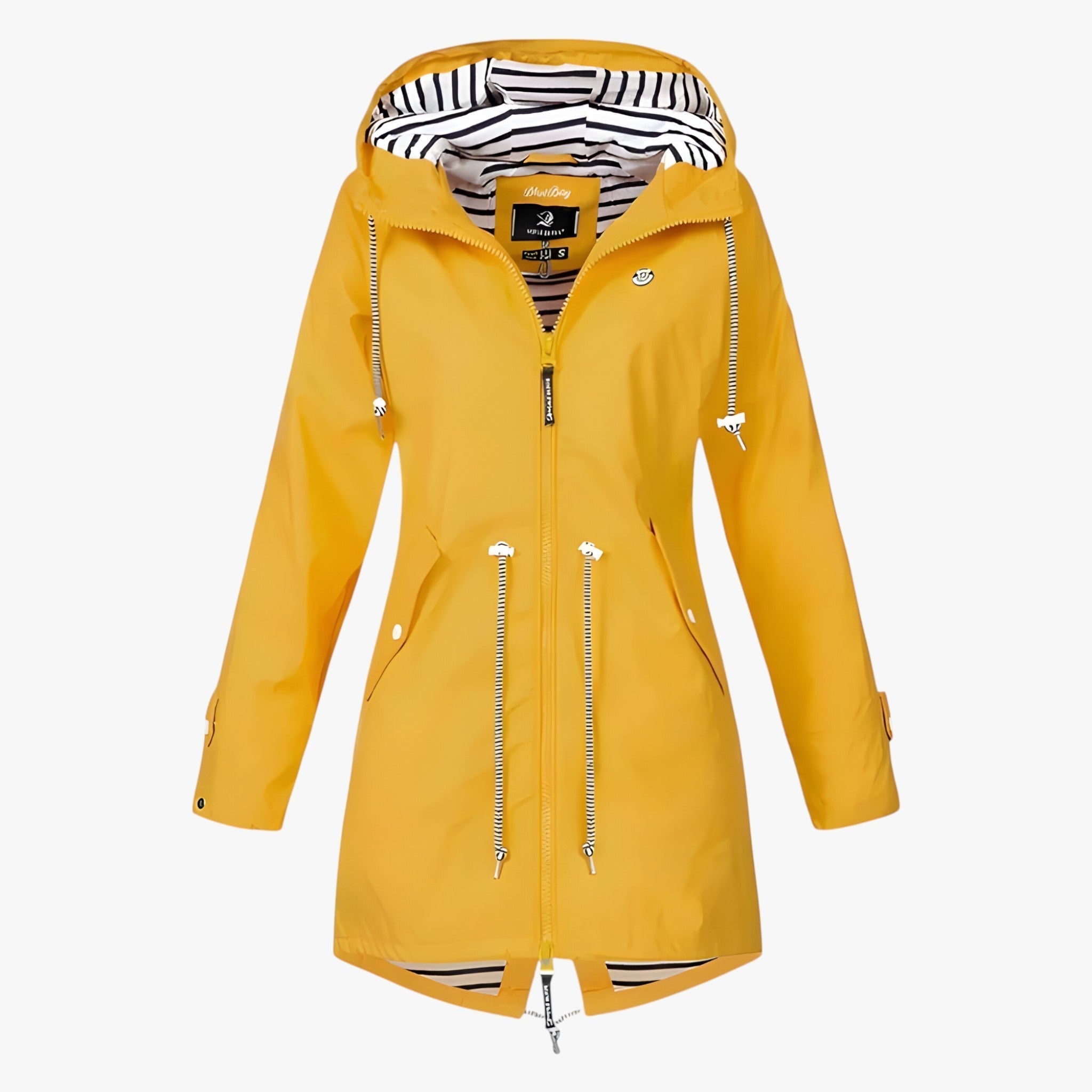 Parka imperméable jaune pour femme avec capuche, doublure rayée, fermeture éclair, cordons ajustables. Mode automne, vêtement pluie élégant.