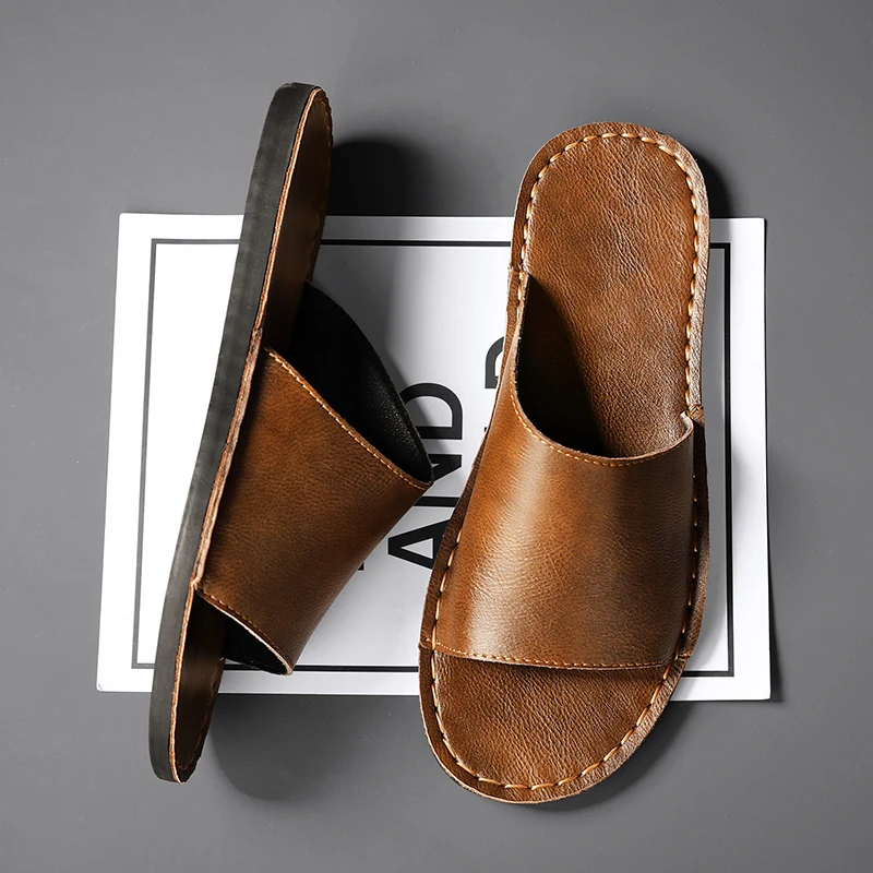 Men's genuine leather crossed slippers