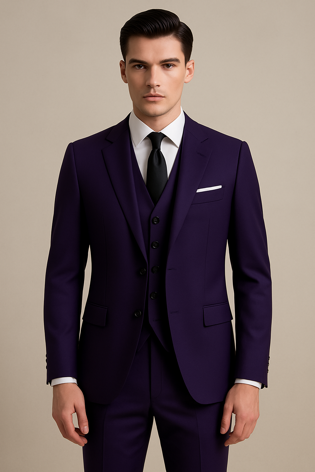 Homme en costume violet élégant, cravate noire, chemise blanche, pose formelle. Mode masculine, style sophistiqué, tenue de soirée.