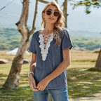 Mode V Cou Dentelle Patchwork Manches Courtes Top