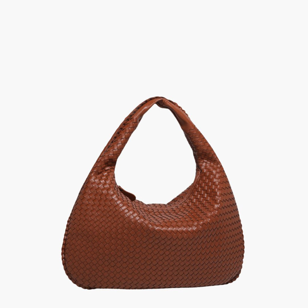 Sac à main en cuir tressé marron, design moderne et élégant, idéal pour la mode féminine. Accessoire tendance pour un style chic et sophistiqué.