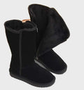 Bottes noires en daim avec doublure en fourrure, semelle antidérapante, style hiver chaud, idéales pour temps froid, mode féminine élégante.