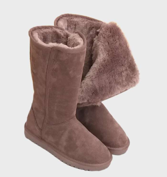 Bottes en daim marron avec doublure en fourrure, style hiver, confortables et chaudes, idéales pour temps froid. Mode féminine, chaussures tendance.