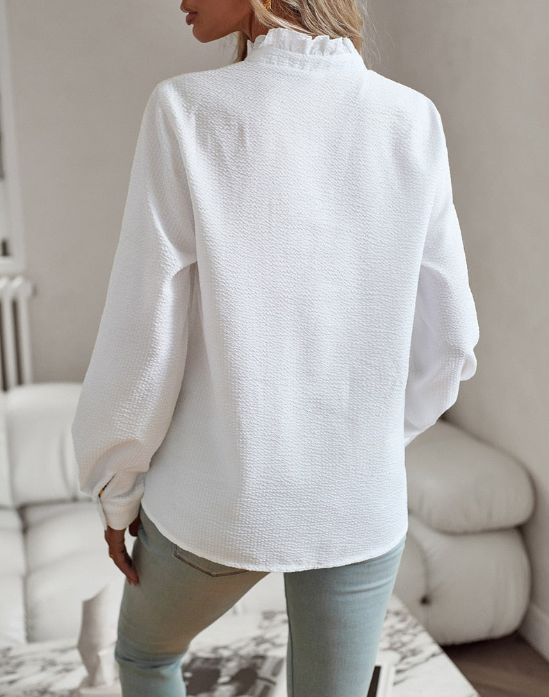 Elegant Women's Long-Sleeved Blouse with High Collar - Autumn Collection