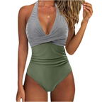 Maillot de bain une pièce femme, rayé noir et blanc, bas vert olive, col en V, élégant, plage, mode été, tendance, style chic.