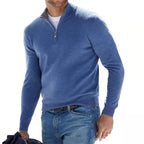Homme portant un pull bleu à col zippé, style décontracté, avec un jean. Mode masculine automne-hiver, tenue élégante et confortable.