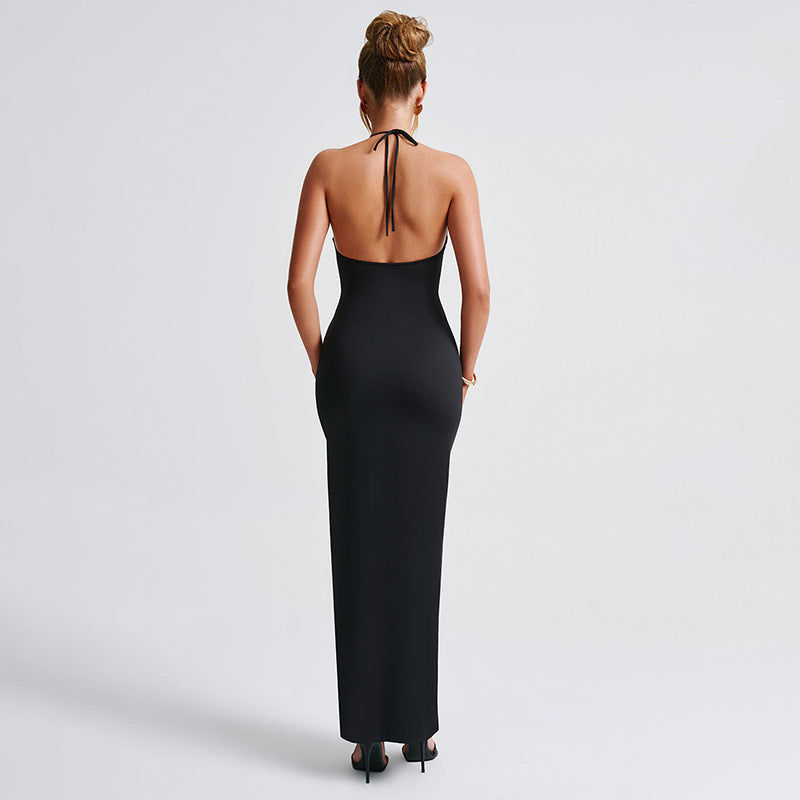 Long slit halter neck backless dress