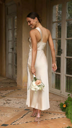 Red satin evening dress