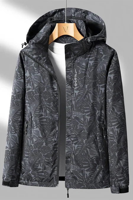 Veste imperméable à capuche pour homme, motif camouflage gris, fermeture éclair, idéale pour activités extérieures, randonnée, sport, mode automne.