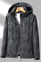 Veste imperméable à capuche pour homme, motif camouflage gris, fermeture éclair, idéale pour activités extérieures, randonnée, sport, mode automne.