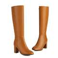 Bottes hautes en cuir marron pour femme, talon carré, style élégant et moderne, mode automne-hiver, chaussures tendance.