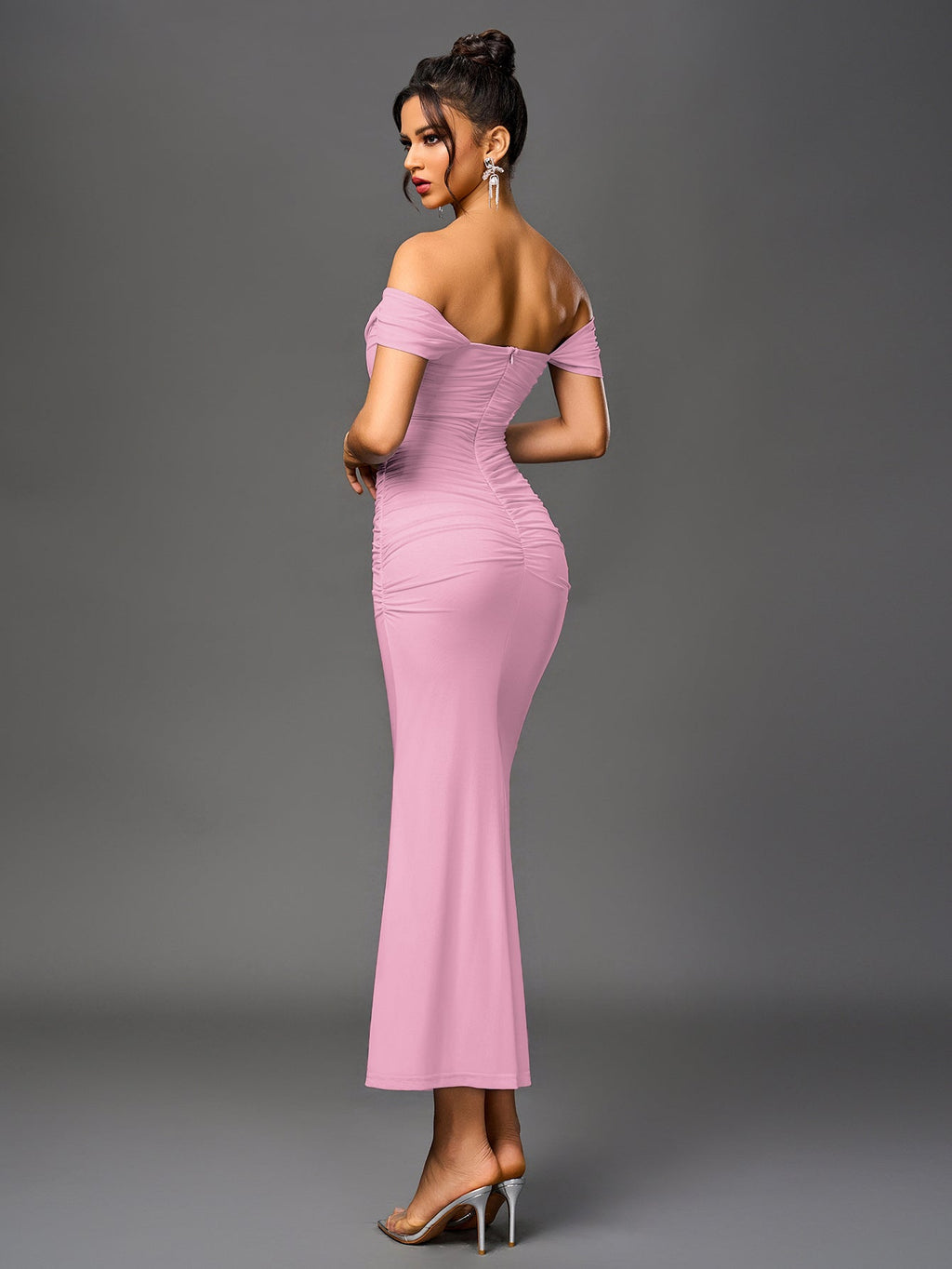 Robe longue moulante à épaules dénudées – Fronces et ourlet sirène | Robe de soirée extensible