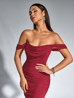 Robe longue moulante à épaules dénudées – Fronces et ourlet sirène | Robe de soirée extensible