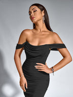 Robe longue moulante à épaules dénudées – Fronces et ourlet sirène | Robe de soirée extensible
