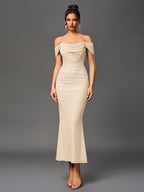 Robe longue moulante à épaules dénudées – Fronces et ourlet sirène | Robe de soirée extensible
