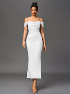 Robe longue moulante à épaules dénudées – Fronces et ourlet sirène | Robe de soirée extensible