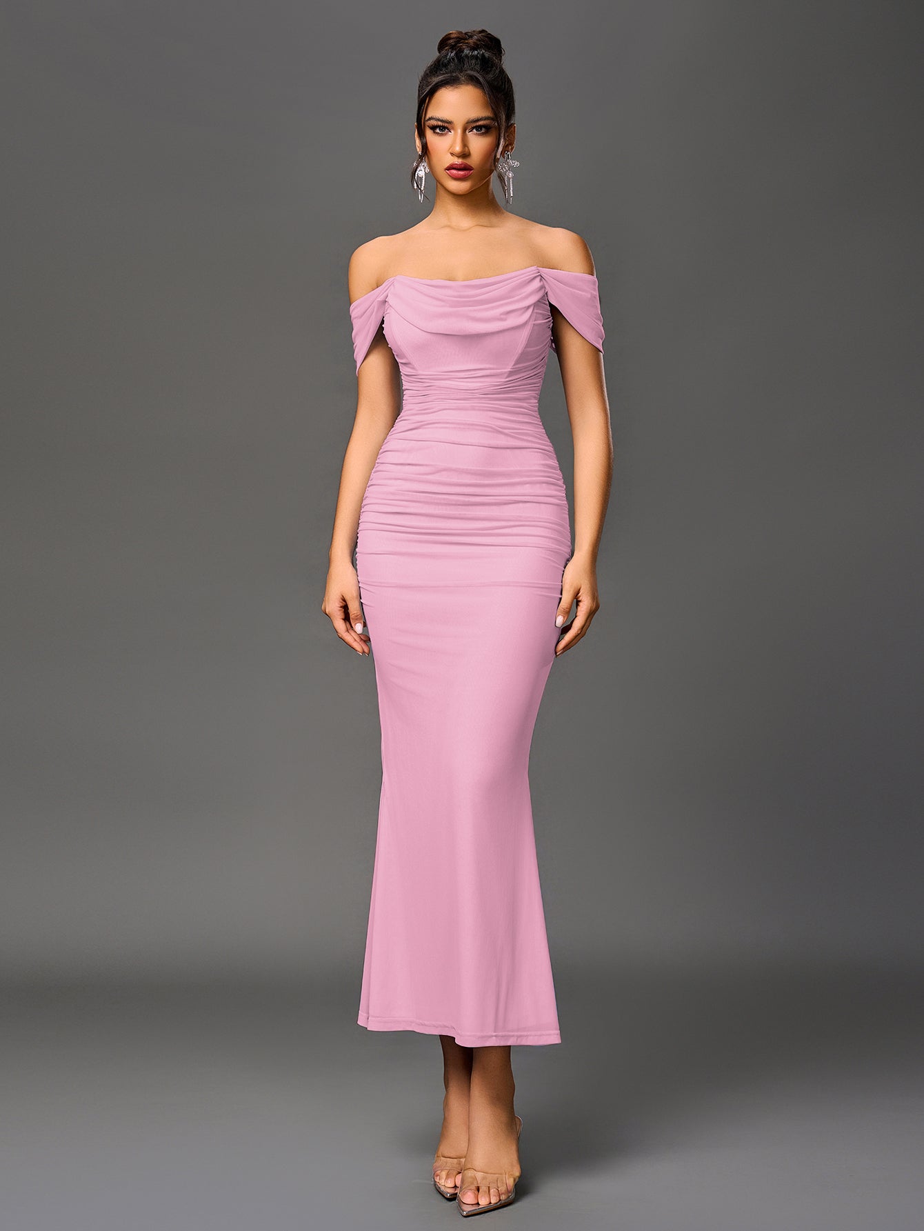 Robe longue moulante à épaules dénudées – Fronces et ourlet sirène | Robe de soirée extensible