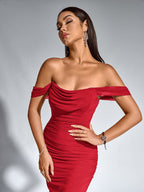Robe longue moulante à épaules dénudées – Fronces et ourlet sirène | Robe de soirée extensible