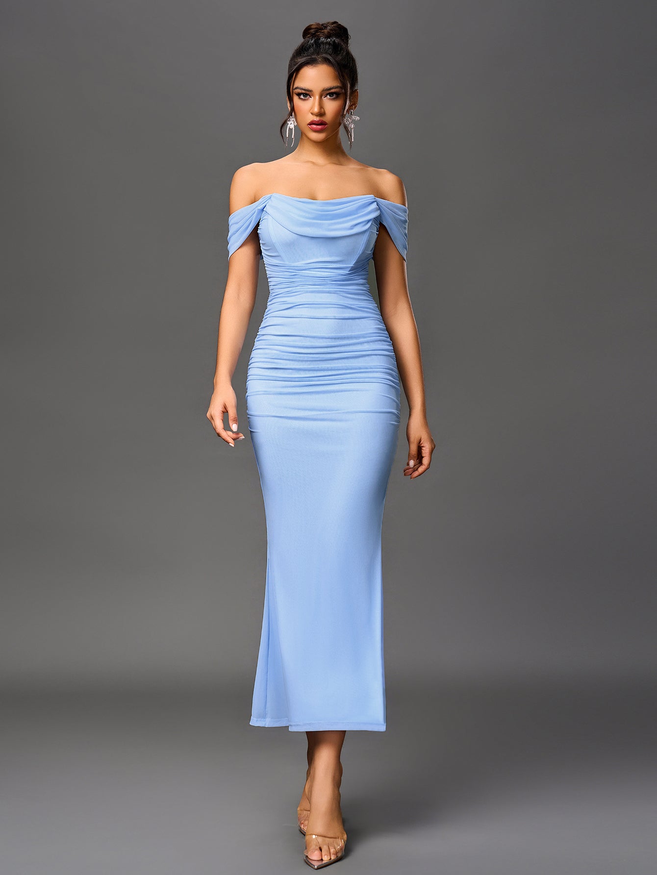 Robe longue moulante à épaules dénudées – Fronces et ourlet sirène | Robe de soirée extensible